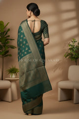 Banarasi Cotton Saree in Dark Green with resham flower leaf buti