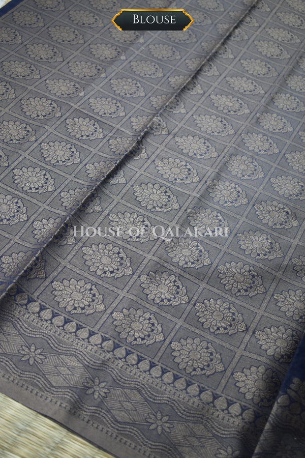 Banarasi Cotton Saree in Midnight Blue with resham flower leaf buti