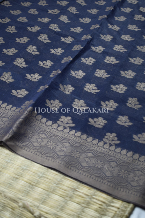 Banarasi Cotton Saree in Midnight Blue with resham flower leaf buti