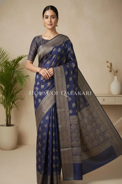 Banarasi Cotton Saree in Midnight Blue with resham flower leaf buti