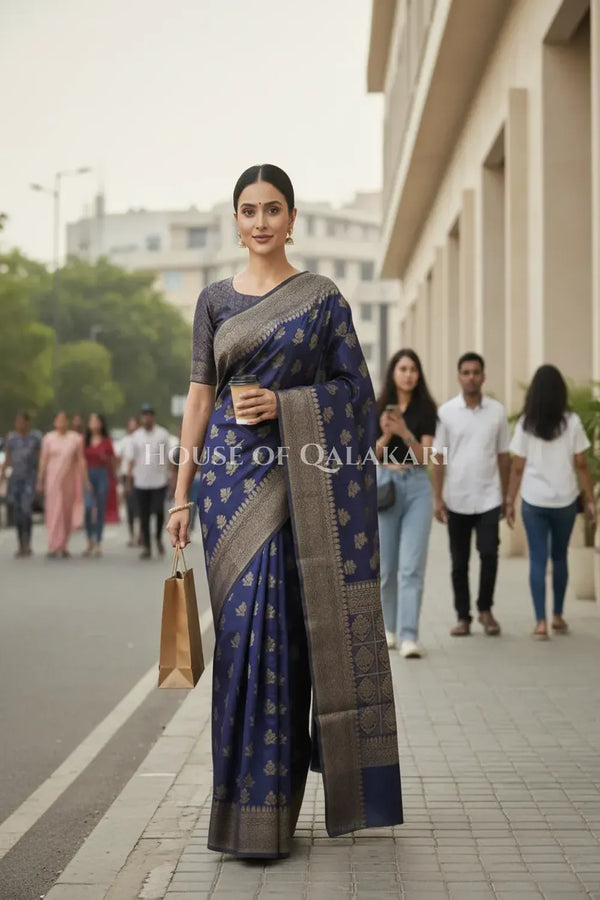 Banarasi Cotton Saree in Midnight Blue with resham flower leaf buti