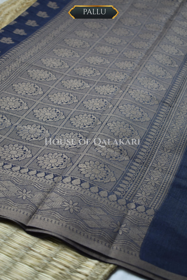 Banarasi Cotton Saree in Midnight Blue with resham flower leaf buti