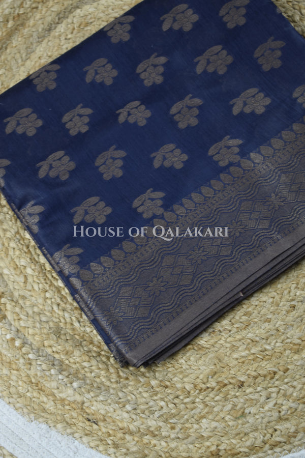 Banarasi Cotton Saree in Midnight Blue with resham flower leaf buti