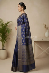 Banarasi Cotton Saree in Midnight Blue with resham flower leaf buti