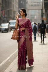 Banarasi Cotton Saree in Royal Jamun Purple with resham Paisley leaf buti