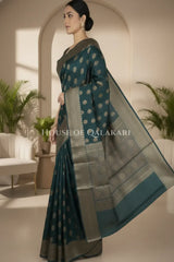 Banarasi Cotton Saree in Dark Green with resham paisley leaf buti