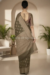 Banarasi Cotton Saree in Khaki Green with resham flower leaf buti