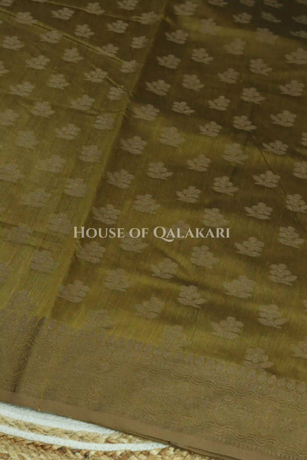 Banarasi Cotton Saree in Khaki Green with resham flower leaf buti
