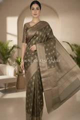 Banarasi Cotton Saree in Khaki Green with resham flower leaf buti