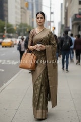Banarasi Cotton Saree in Khaki Green with resham flower leaf buti