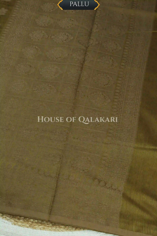 Banarasi Cotton Saree in Khaki Green with resham flower leaf buti