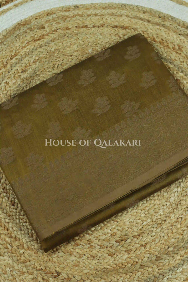 Banarasi Cotton Saree in Khaki Green with resham flower leaf buti