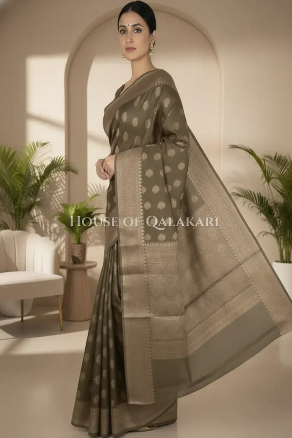 Banarasi Cotton Saree in Khaki Green with resham flower leaf buti