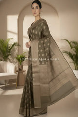 Banarasi Cotton Saree in Khaki Green with resham flower leaf buti