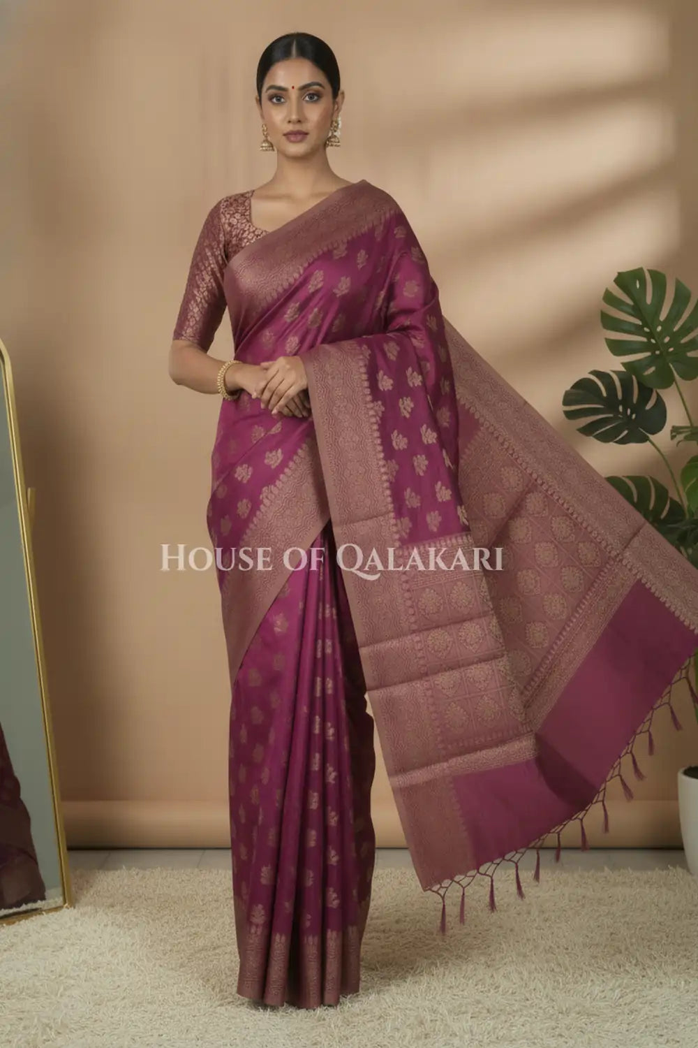 Banarasi Cotton Saree in Royal Jamun Purple with resham flower leaf buti