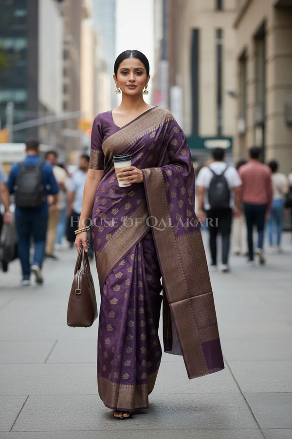 Banarasi Cotton Saree in Plum Purple with resham flower leaf buti