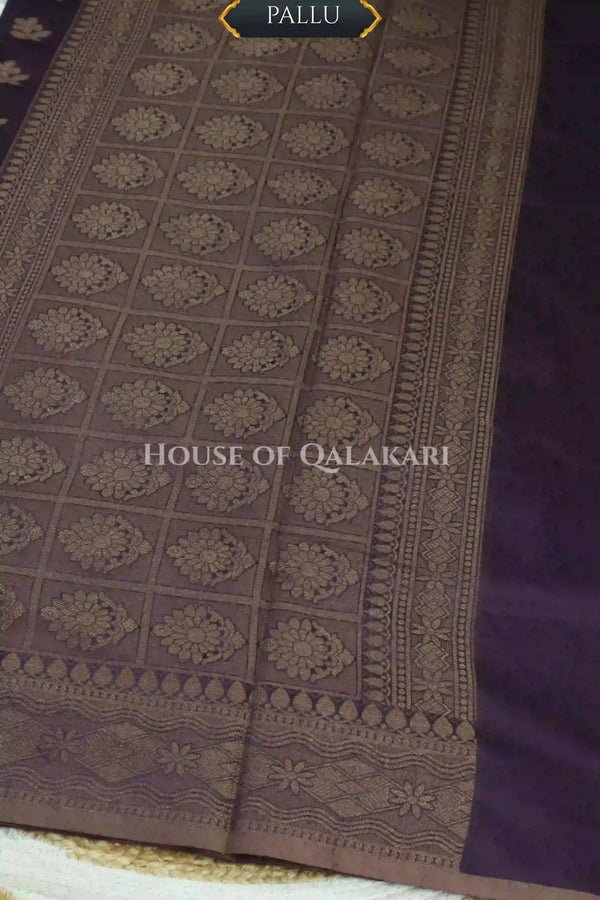 Banarasi Cotton Saree in Plum Purple with resham flower leaf buti