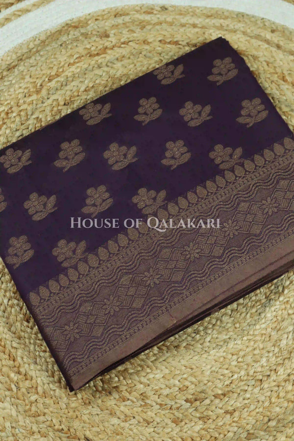 Banarasi Cotton Saree in Plum Purple with resham flower leaf buti