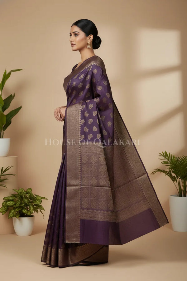 Banarasi Cotton Saree in Plum Purple with resham flower leaf buti