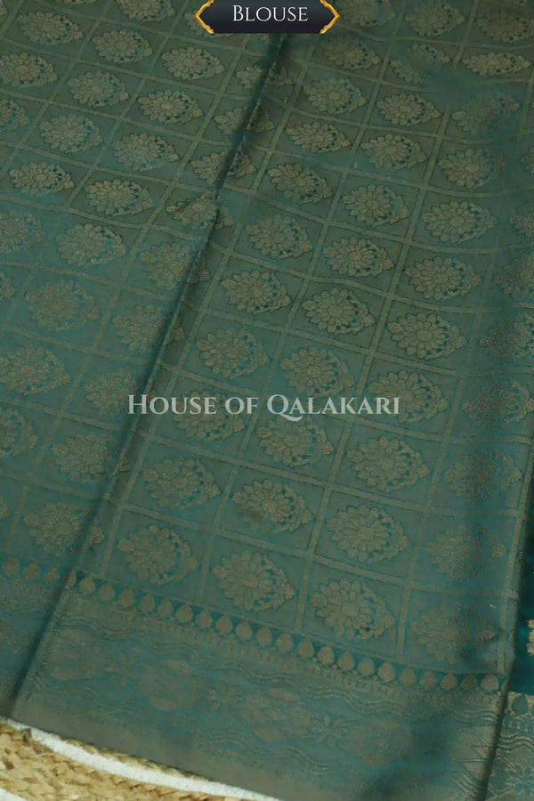 Banarasi Cotton Saree in Blueish Green with resham flower leaf buti