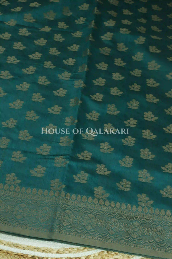 Banarasi Cotton Saree in Blueish Green with resham flower leaf buti
