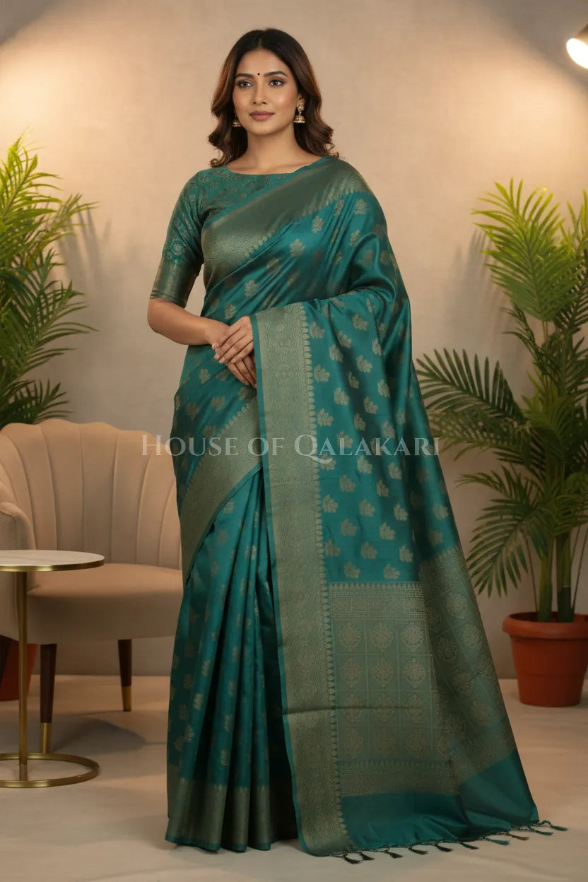 Banarasi Cotton Saree in Blueish Green with resham flower leaf buti
