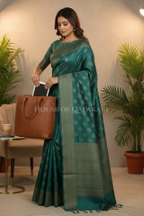 Banarasi Cotton Saree in Blueish Green with resham flower leaf buti