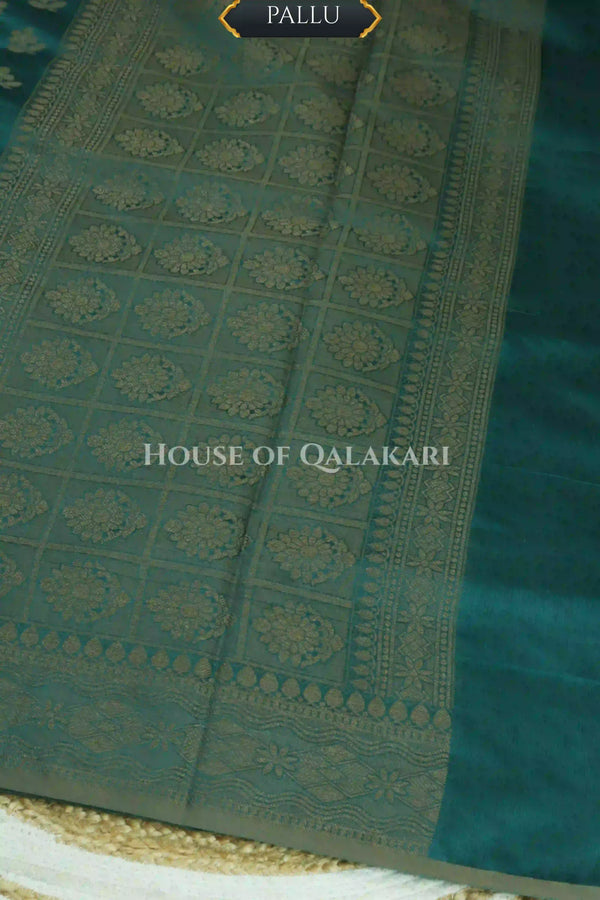 Banarasi Cotton Saree in Blueish Green with resham flower leaf buti