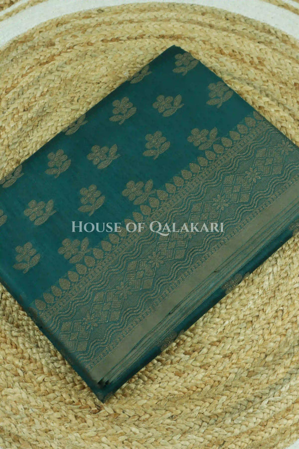 Banarasi Cotton Saree in Blueish Green with resham flower leaf buti