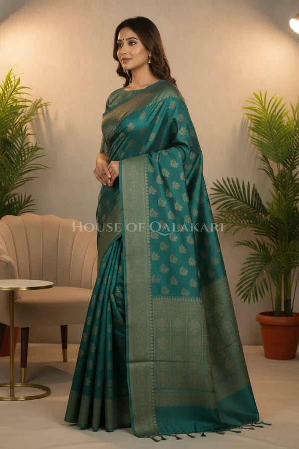 Banarasi Cotton Saree in Blueish Green with resham flower leaf buti