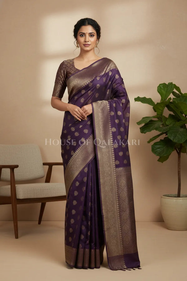 Banarasi Cotton Saree in Plum Purple with resham Paisley leaf buti