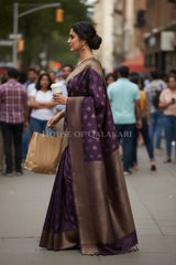 Banarasi Cotton Saree in Plum Purple with resham Paisley leaf buti