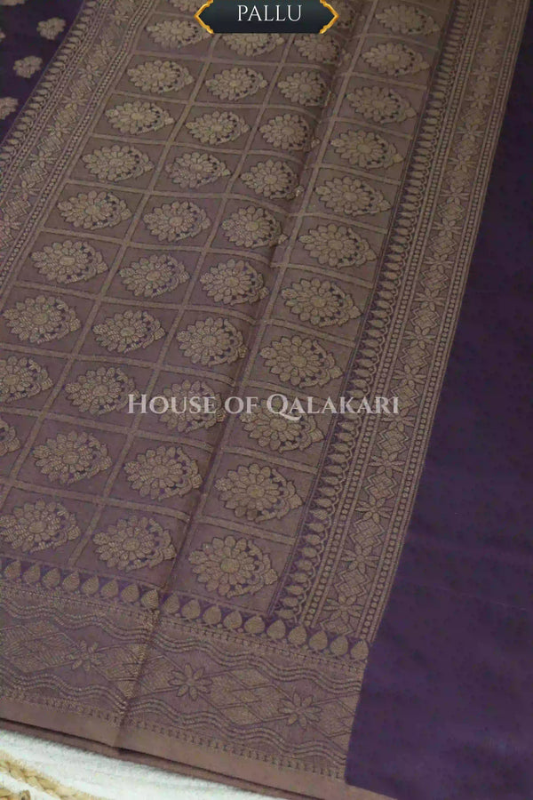 Banarasi Cotton Saree in Plum Purple with resham Paisley leaf buti