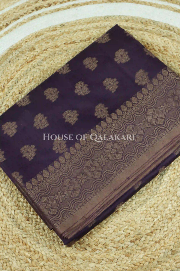 Banarasi Cotton Saree in Plum Purple with resham Paisley leaf buti