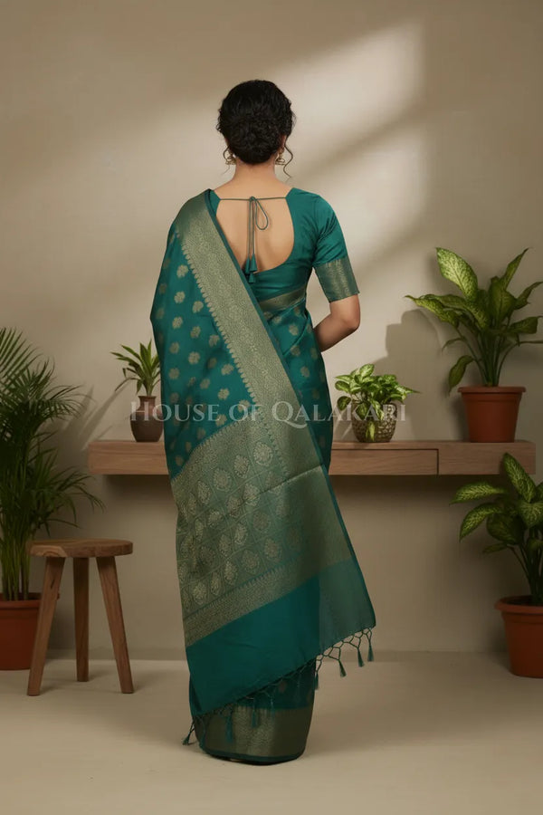 Banarasi Cotton Saree in Blueish Green with resham Paisley leaf buti