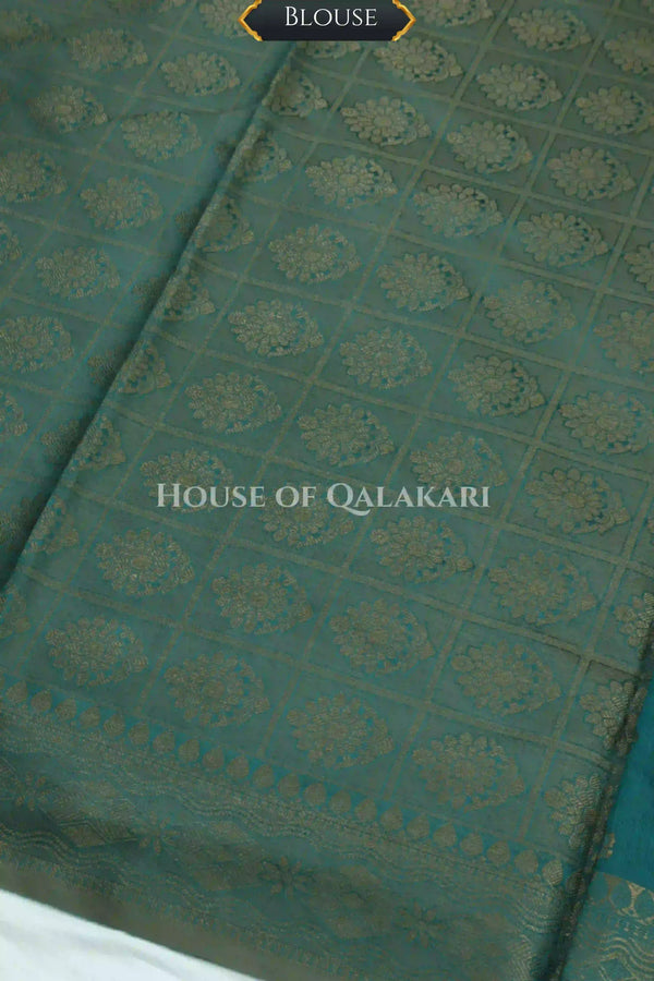 Banarasi Cotton Saree in Blueish Green with resham Paisley leaf buti