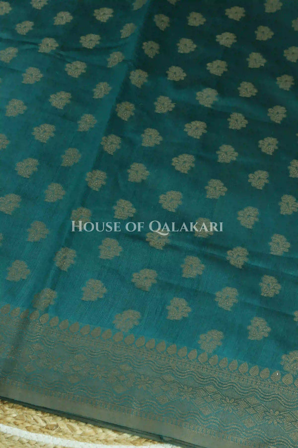 Banarasi Cotton Saree in Blueish Green with resham Paisley leaf buti