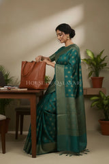 Banarasi Cotton Saree in Blueish Green with resham Paisley leaf buti