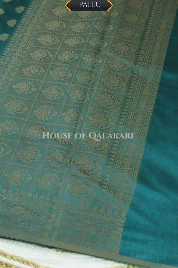 Banarasi Cotton Saree in Blueish Green with resham Paisley leaf buti