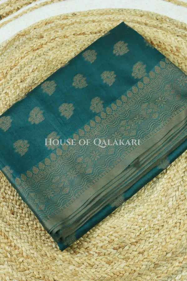 Banarasi Cotton Saree in Blueish Green with resham Paisley leaf buti
