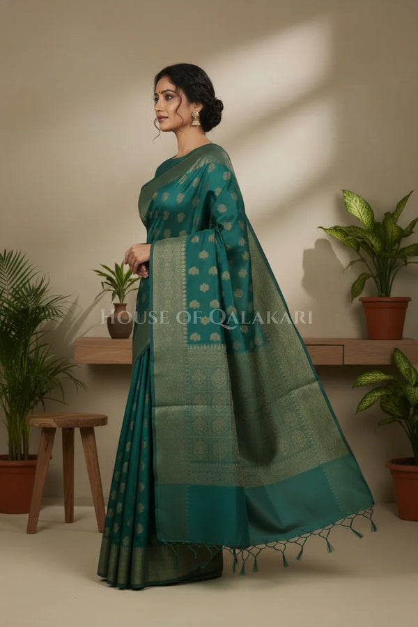 Banarasi Cotton Saree in Blueish Green with resham Paisley leaf buti