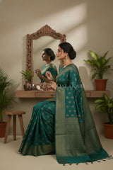 Banarasi Cotton Saree in Blueish Green with resham Paisley leaf buti