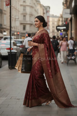 Banarasi Cotton Saree in Maroon Oak with resham Paisley leaf buti