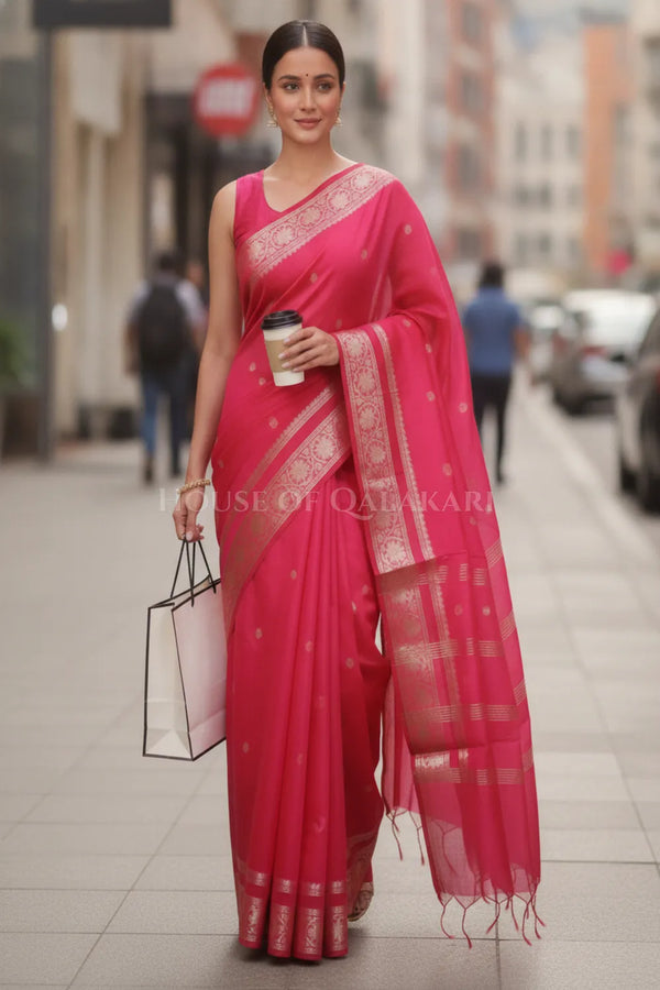 Banarasi Cotton Sarees with Zari Border and subtle pallu in Pink
