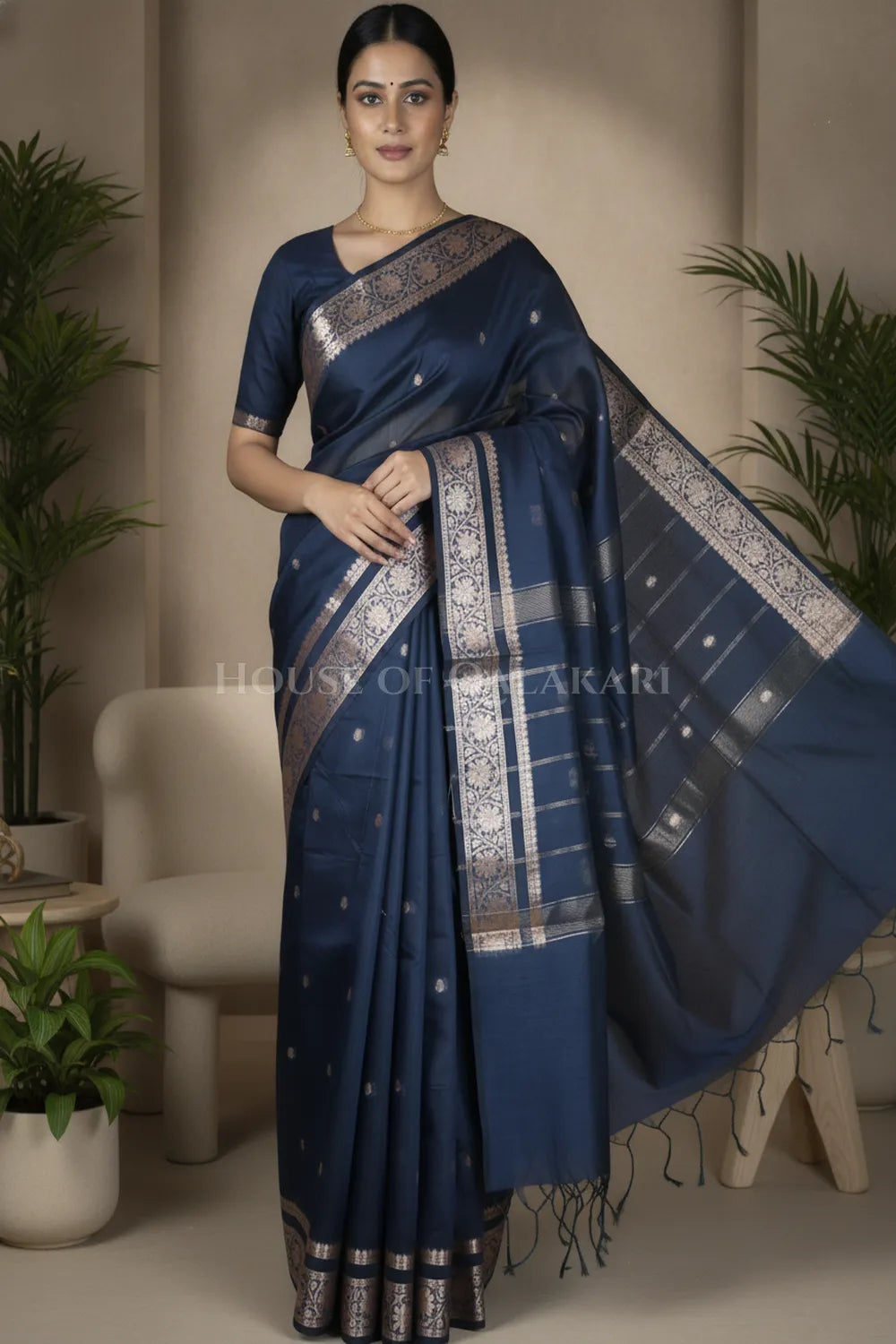 Banarasi Cotton Sarees with Zari Border and subtle pallu in Navy Blue