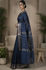 Banarasi Cotton Sarees with Zari Border and subtle pallu in Navy Blue