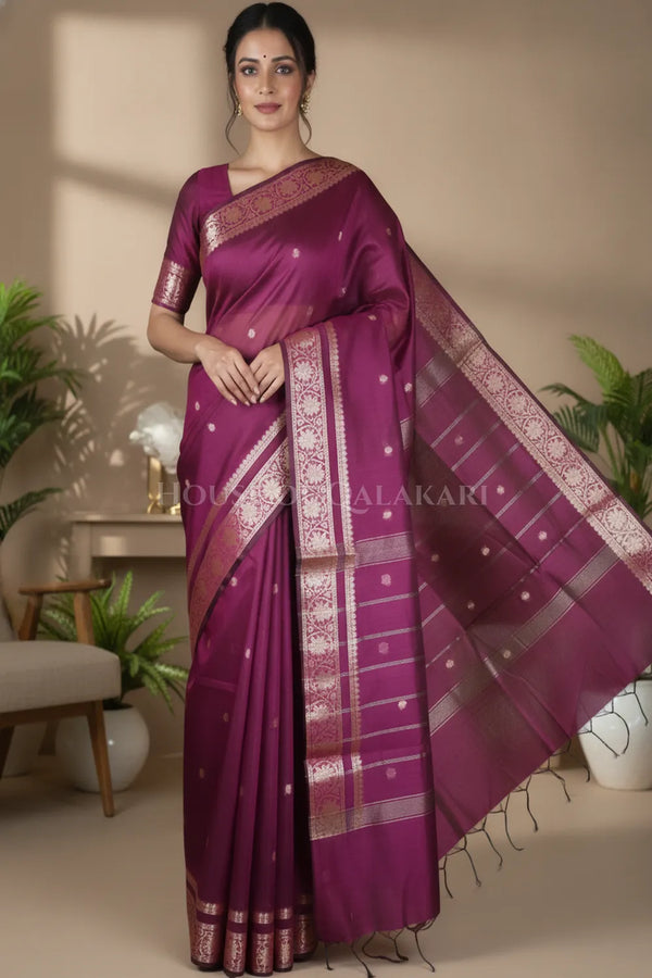 Banarasi Cotton Sarees with Zari Border and subtle pallu in wine