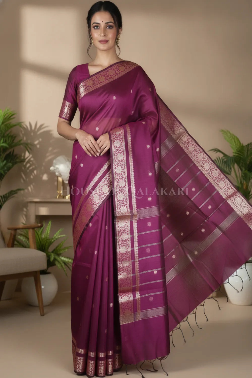 Banarasi Cotton Sarees with Zari Border and subtle pallu in wine