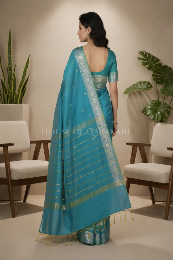 Banarasi Cotton Sarees with Zari Border and subtle pallu in blueish green dual tone