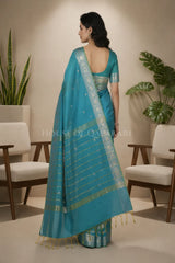 Banarasi Cotton Sarees with Zari Border and subtle pallu in blueish green dual tone